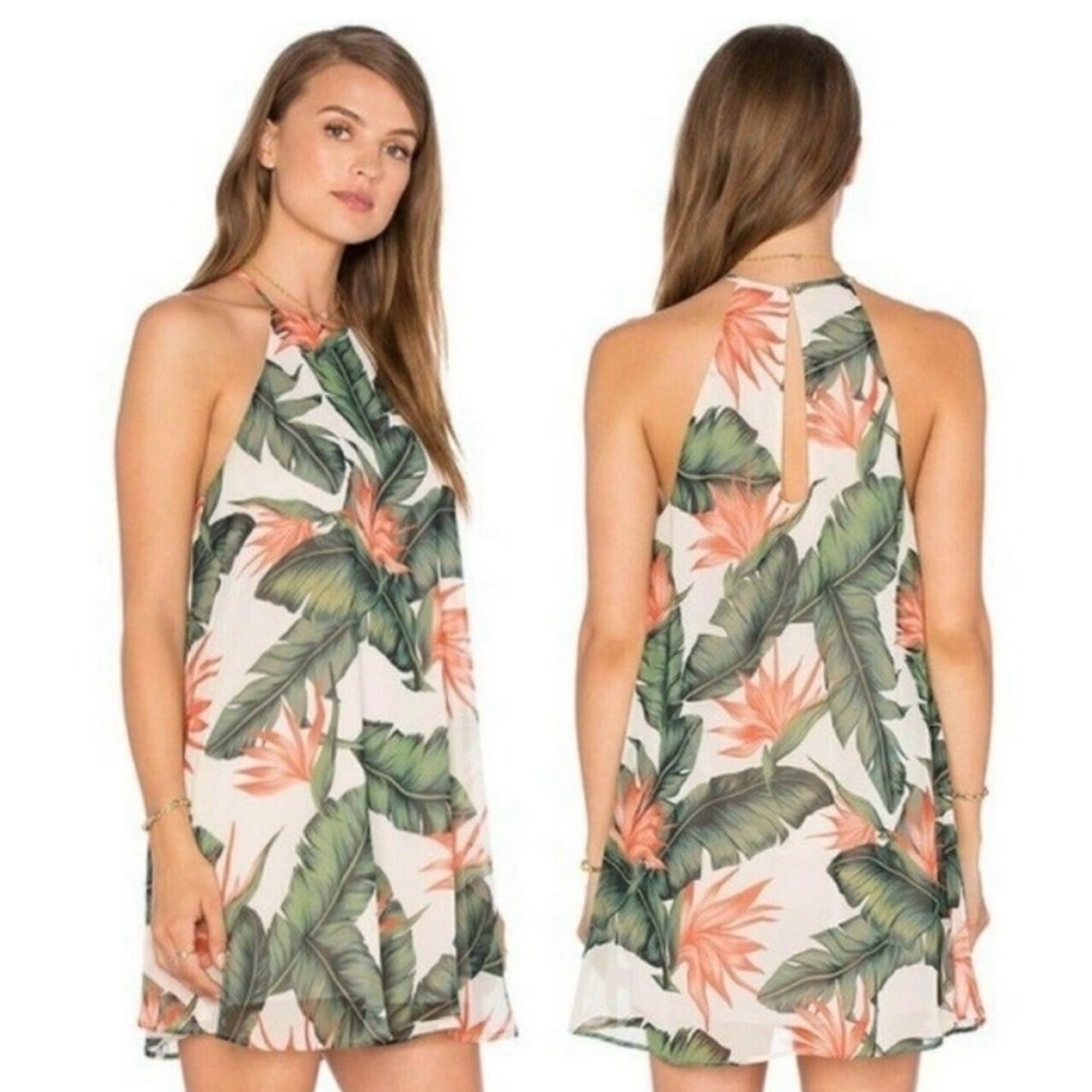 Show Me Your MuMu Palm Tropical Floral Halter Mini Dress A-line High Neck Swing